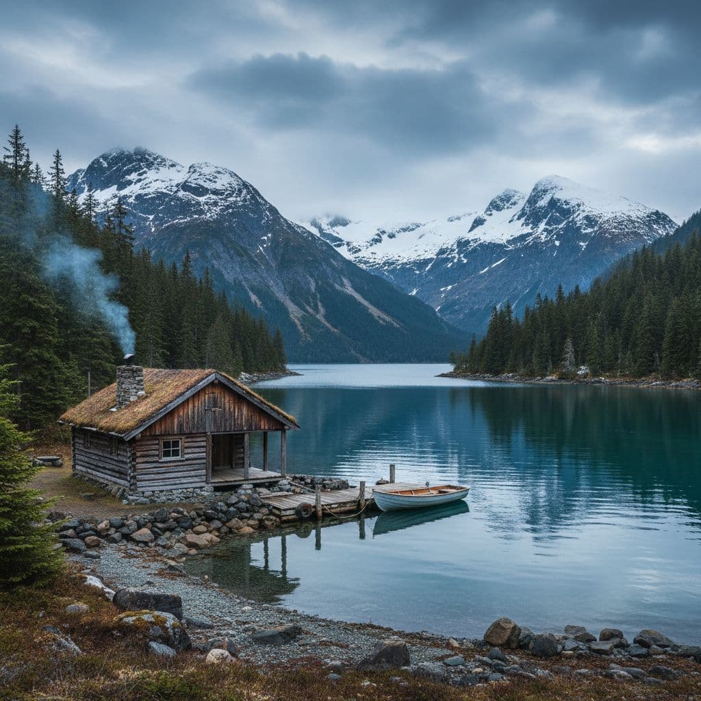 A secluded wooden cabin sits on a quiet shoreline beneath distant snow-capped mountains and an overcast sky.