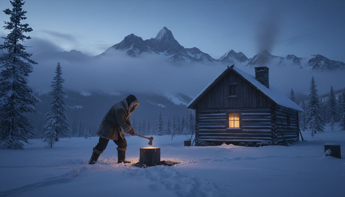 A rugged Alaskan cabin surrounded by deep snow during winter twilight, featuring a lone figure chopping wood with an axe nearby and misty mountains in the background.