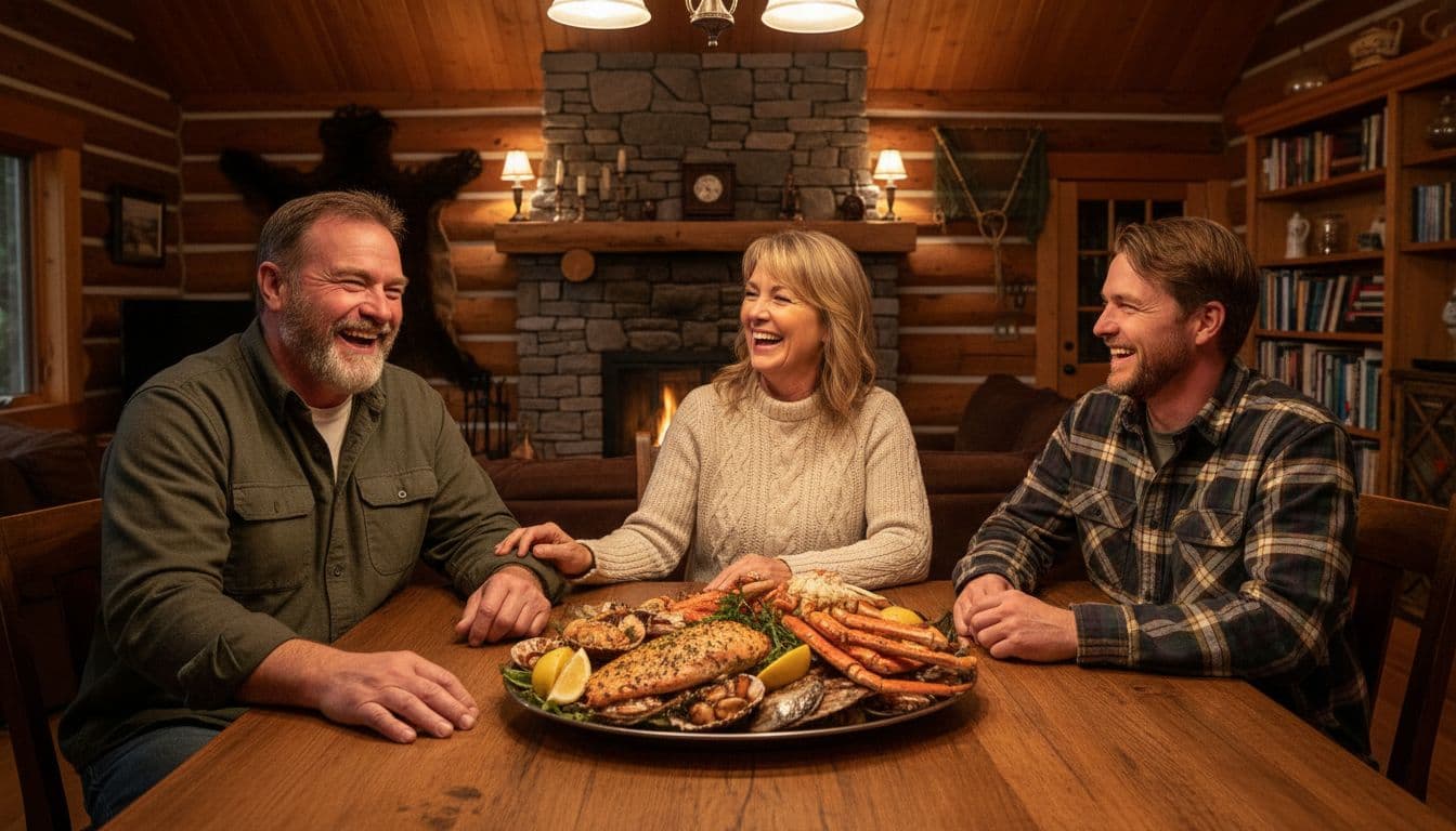 Cozy family scene of Alaskan fisherman captain laughing with wife and adult son over seafood platter at dinner table in wooden cabin living room with warm lighting and relaxed poses.