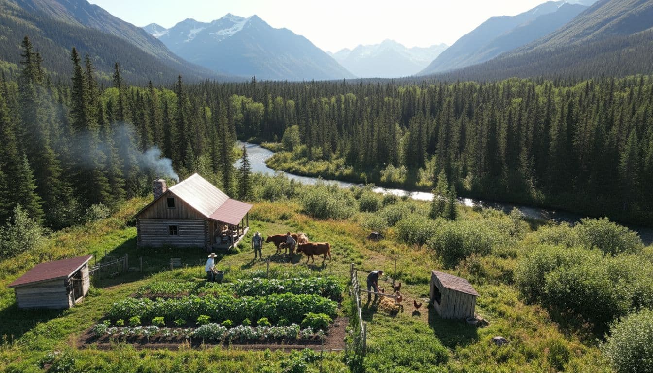 Aerial view of remote cabins amid forests and mountains, three family members working garden and livestock.