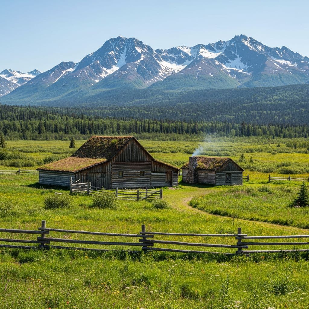 A wooden barn and small cabin sit in a green Alaskan valley with distant mountains.