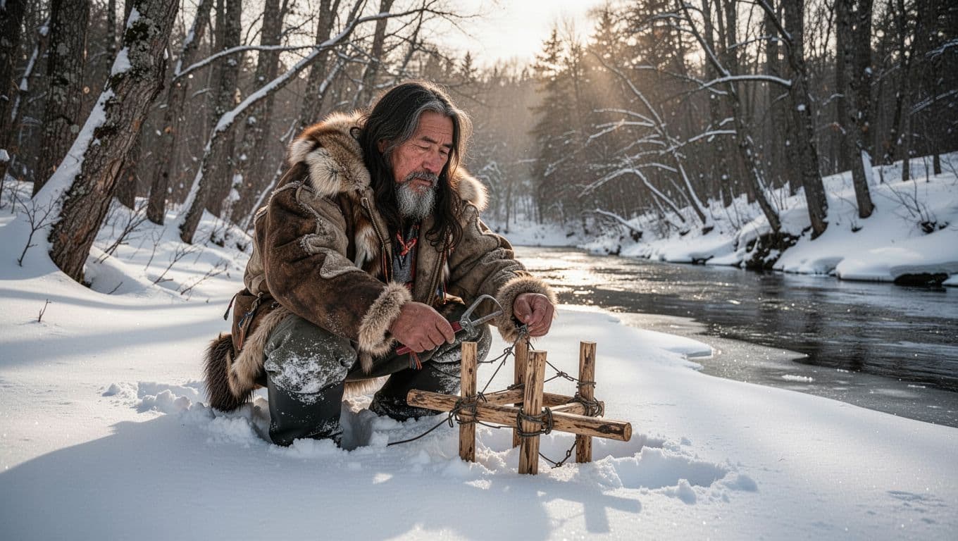Rugged middle-aged Alaskan Native man in fur parka sets wooden snare in deep snow near frozen river.