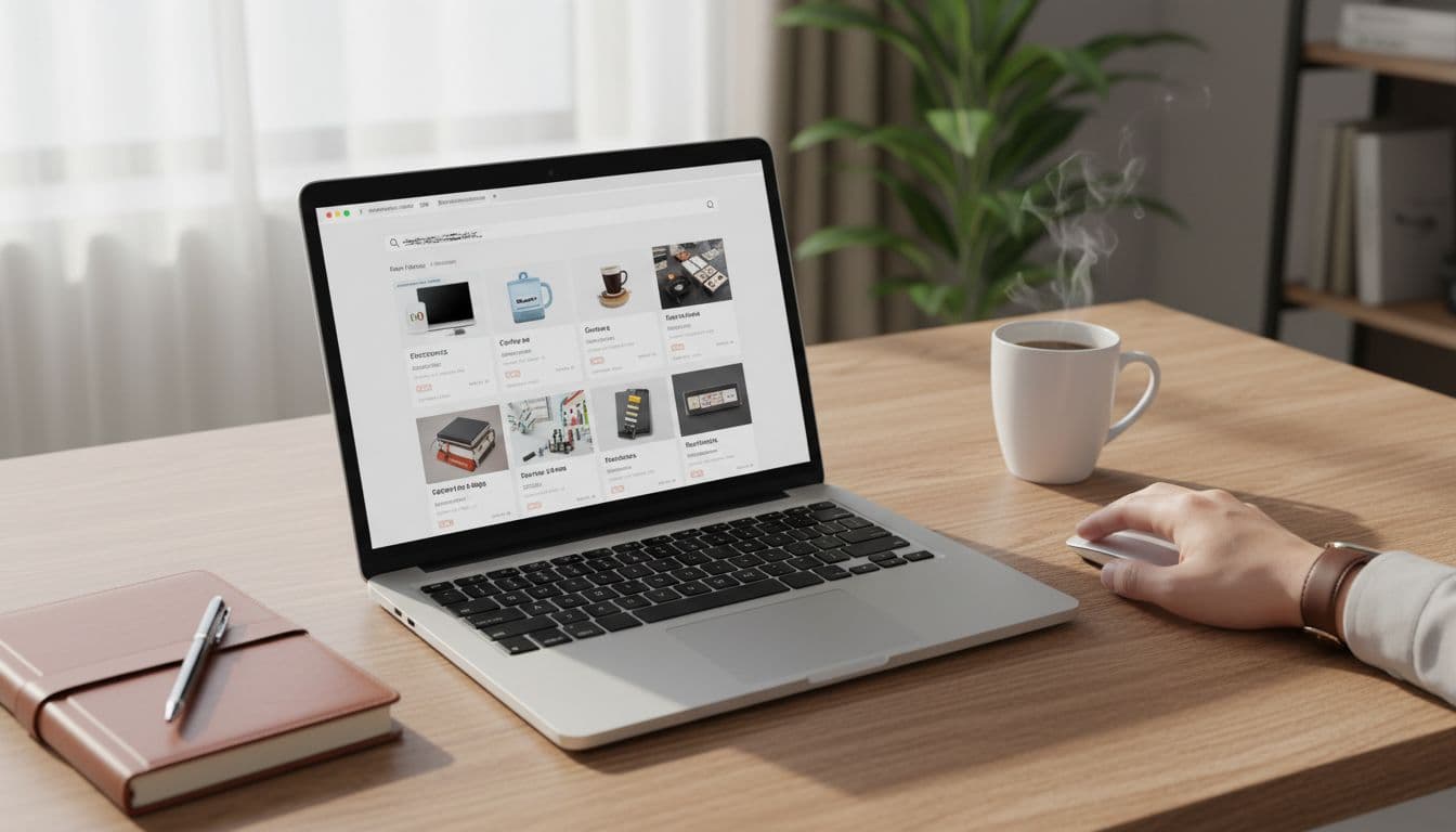 Top-down photorealistic view of a laptop screen showing supplier profiles and electronics search results on Alibaba, with coffee mug and notebook on wooden desk, hand on mouse in relaxed office.