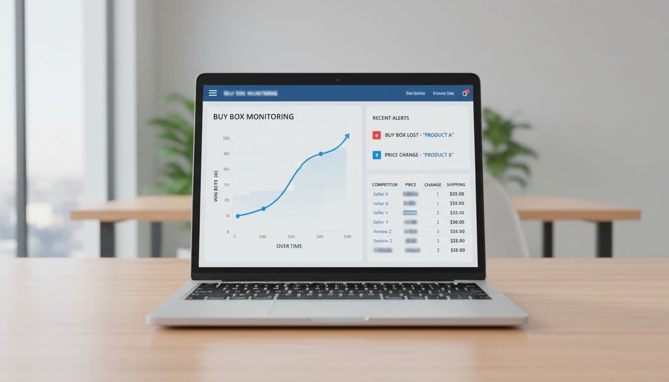 Laptop on wooden desk in bright office displays modern dashboard with Buy Box win rate line chart, alerts list, and competitor prices table in blue-white UI.