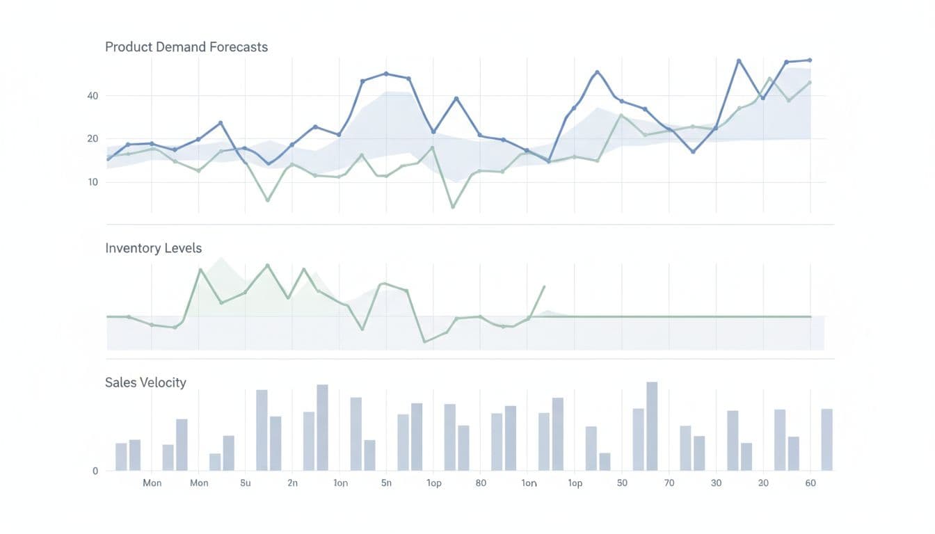 Clean infographic chart on a light background showing multiple line graphs for product demand forecasts over 12 months, fluctuating inventory levels, and sales velocity bars in a professional data visualization style with subtle colors.
