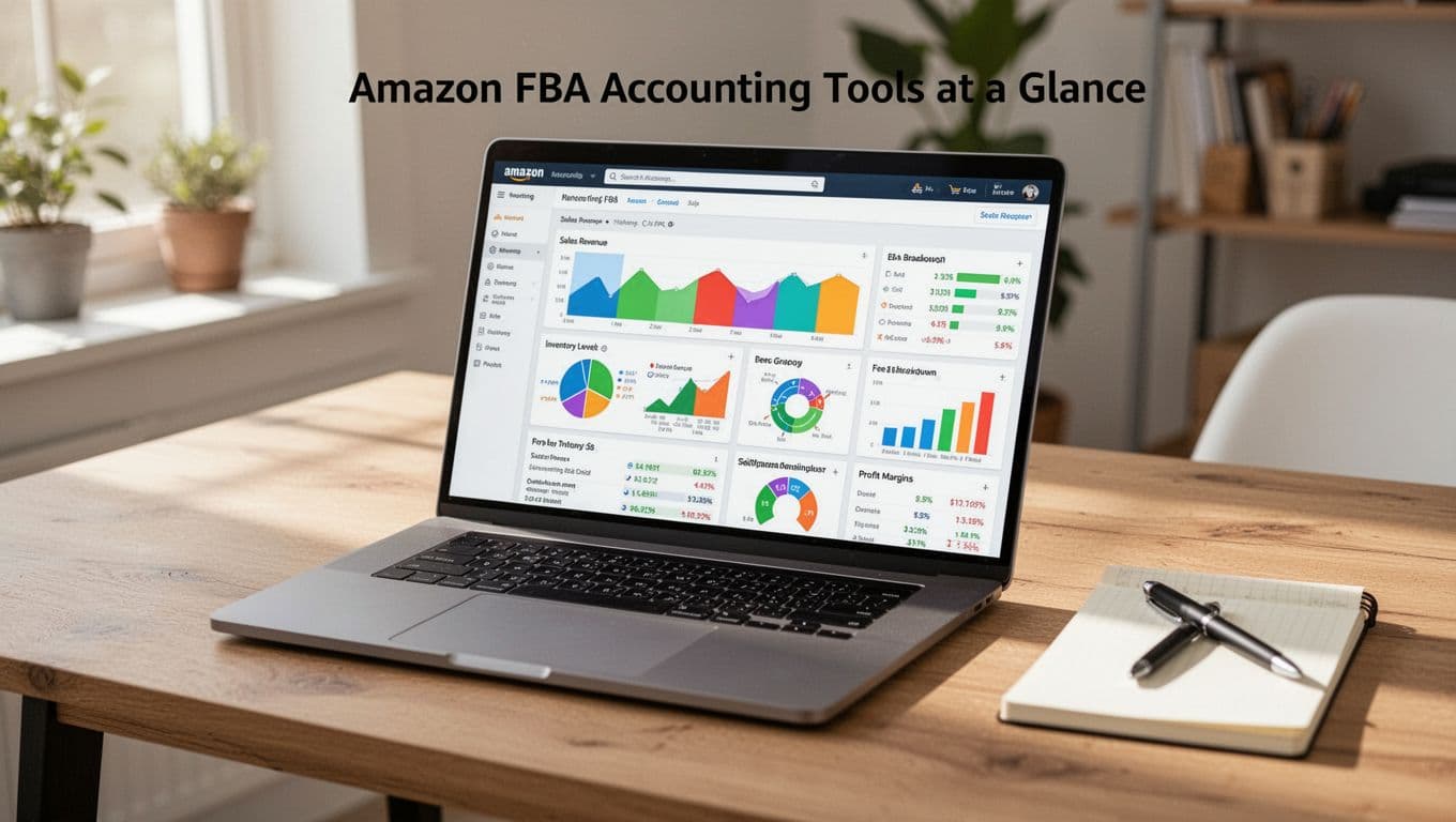 Modern laptop on a wooden desk in a bright home office displaying an Amazon FBA accounting dashboard with colorful charts for sales revenue, inventory levels, fee breakdowns, and profit margins. Realistic professional style with soft daylight lighting, notepad and pen nearby, no people, watermarks, or readable text.