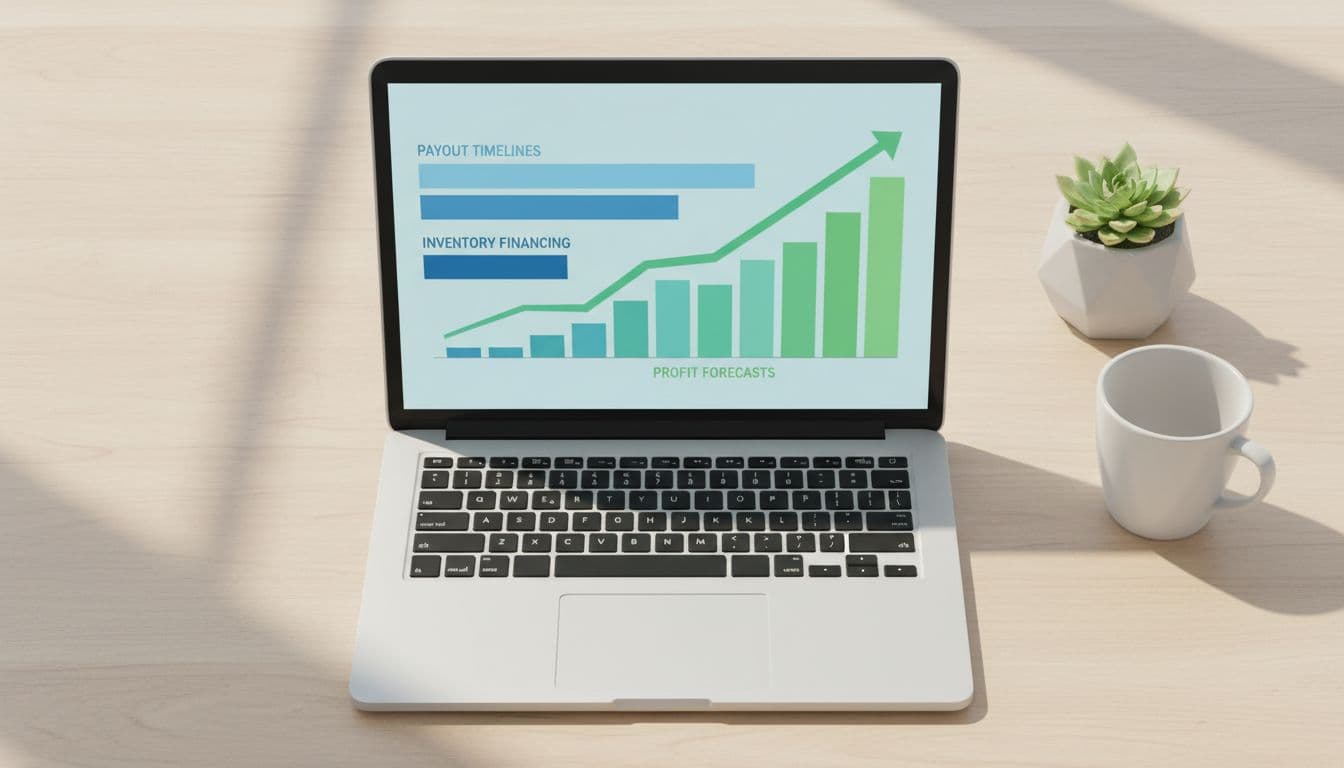 Modern office desk with a laptop displaying a simplified Amazon FBA cash flow dashboard graph featuring payout timelines, inventory financing bars, and profit forecasts in blue and green tones, top-down view in natural daylight.