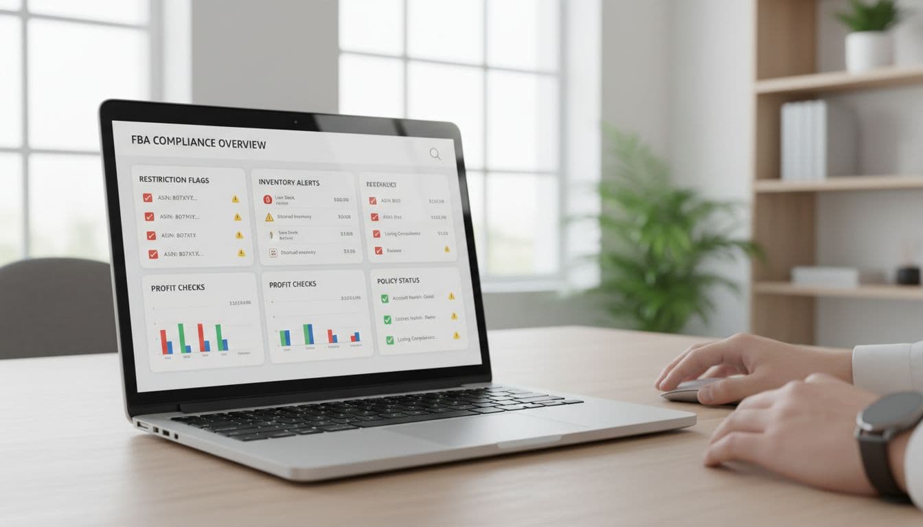 A clean modern dashboard interface on a laptop screen showing Amazon FBA compliance metrics like restriction flags, inventory alerts, profit checks, and policy status indicators for multiple products, placed on a wooden desk in a bright office with soft natural lighting.