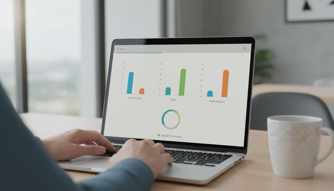 How to Scale Amazon FBA in 2026 Without Bleeding Cash Clean professional dashboard on a laptop screen displaying simple bar charts for Amazon FBA metrics like sales revenue, costs, and profit margins, in a modern office desk setting with coffee mug and hands near keyboard.