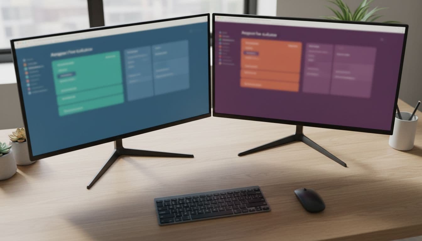 Photorealistic top-down view of a modern office desk with dual monitors displaying blurred screenshots of Amazon FBA fee calculators side by side, keyboard and mouse in foreground, natural office lighting, no people, logos, or watermarks.