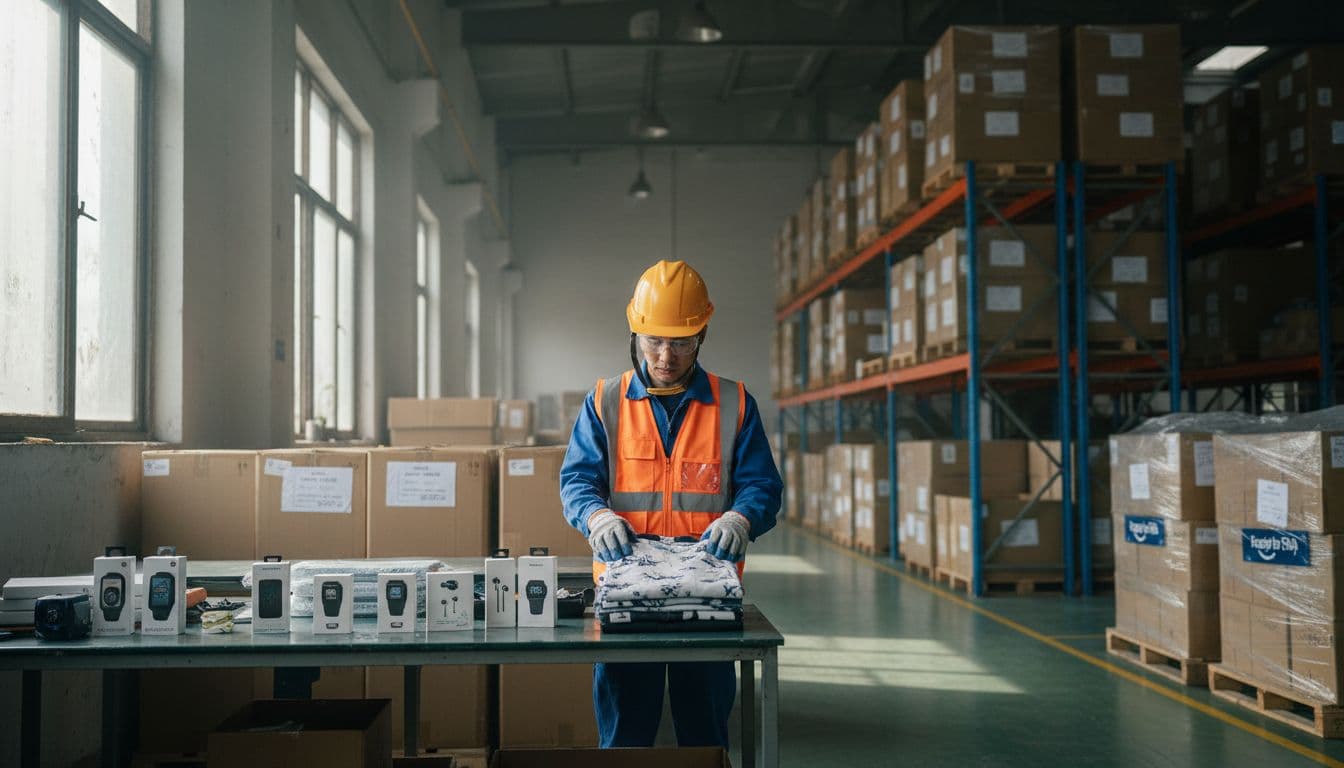 A lone inspector in safety gear closely examines Amazon FBA-bound consumer products like clothing and gadgets on inspection tables in a busy Chinese manufacturing warehouse, illuminated by natural daylight.