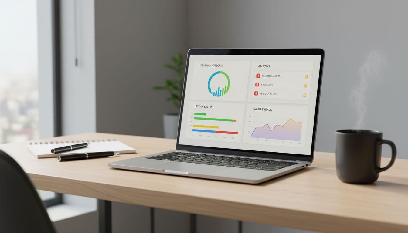 Best Amazon FBA Inventory Management Tools in 2026 Modern laptop on a clean desk displaying an Amazon FBA inventory dashboard with charts for demand forecasting, stock levels, restock alerts, and sales trends. Office setting with notebook and coffee mug nearby, realistic style with soft natural daylight lighting.