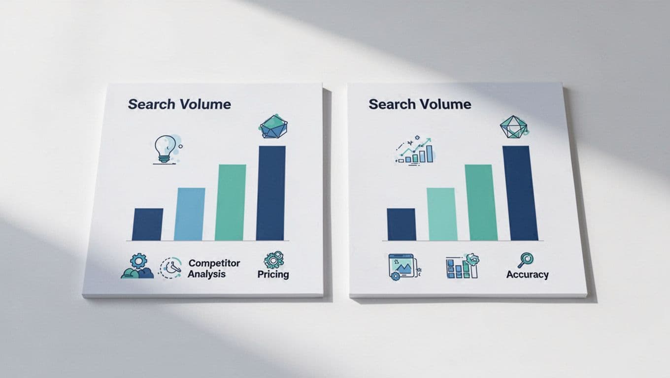 Side-by-side bar charts and icons visualize metrics including search volume, competitor analysis, pricing, and accuracy for five Amazon FBA keyword research tools in modern flat design with blue-green tones on a clean white background.
