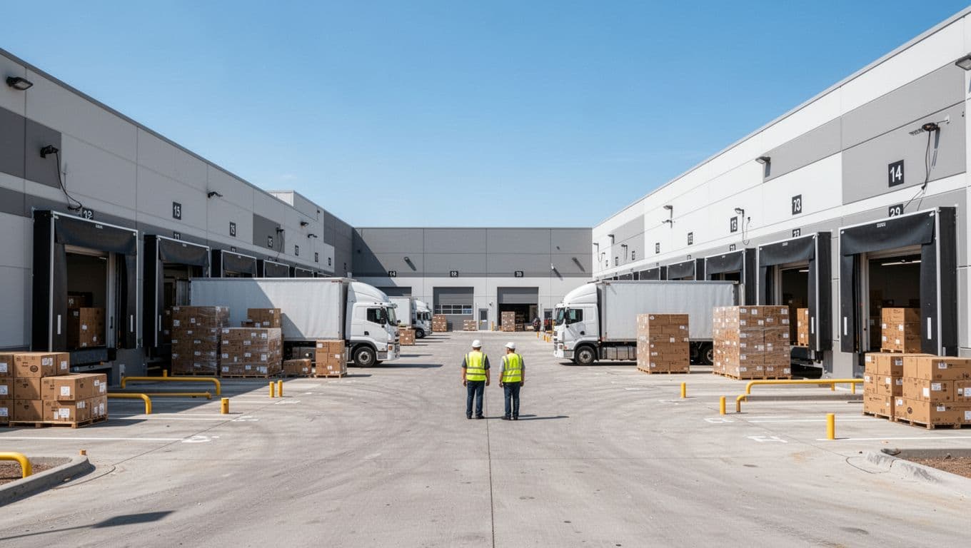 Exterior view of a large Amazon FBA prep center facility near fulfillment warehouses, featuring trucks loading and unloading pallets of boxes at modern loading docks, with exactly two distant workers visible under a clear daytime sky in a realistic wide-angle photo style.