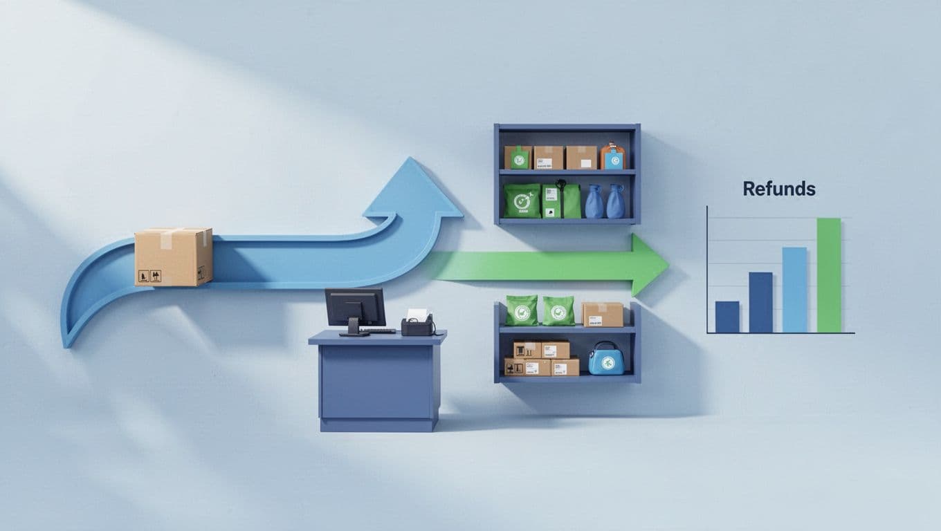 Illustration of Amazon FBA returns process: customer package return to warehouse inspection, branching to restock shelf or refund analytics chart. Simple modern flat vector flowchart in blue and green tones.