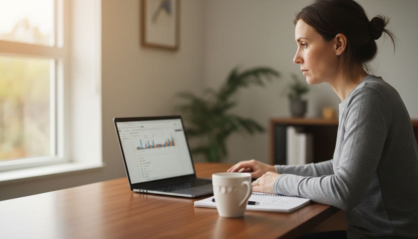 A focused mid-30s woman Amazon FBA seller at a clean modern home office desk, laptop open to blurred Seller Central inventory dashboard, hand on mouse, coffee mug and notebook nearby, warm natural daylight.