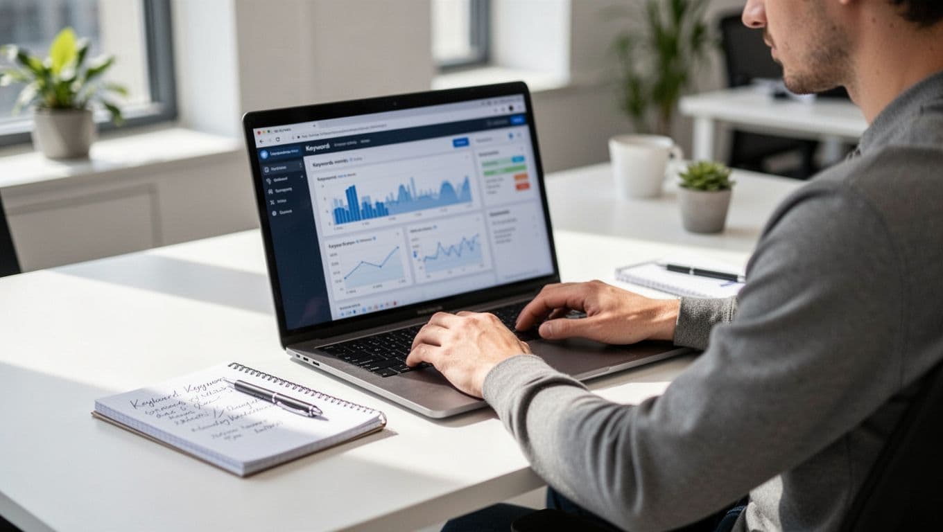 Amazon FBA seller in a bright office compares keyword tools on a laptop screen with blurred pricing and feature tables, notepad with notes nearby, relaxed pose.