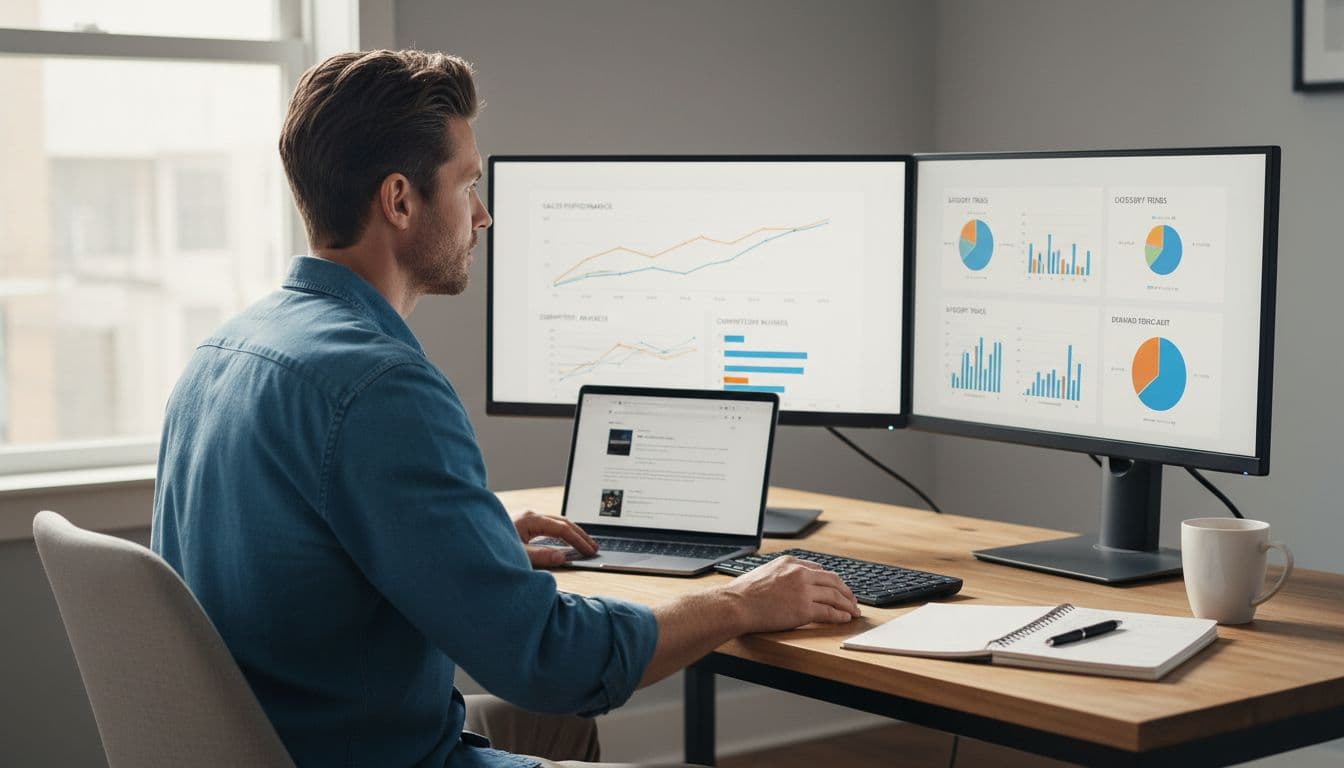 Mid-30s man in casual shirt sits at a modern desk in a bright home office, reviewing product sales graphs, competitor charts, and trends on dual computer monitors, with a laptop showing Amazon page, coffee mug, and notebook nearby.