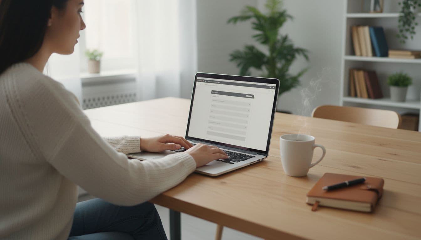 Best Amazon FBA Listing Tools in 2026 for Smarter Listings A focused seller works in a bright home office at a wooden desk with a laptop open to an Amazon product listing editor, coffee mug and notebook nearby, soft natural light illuminating the scene.