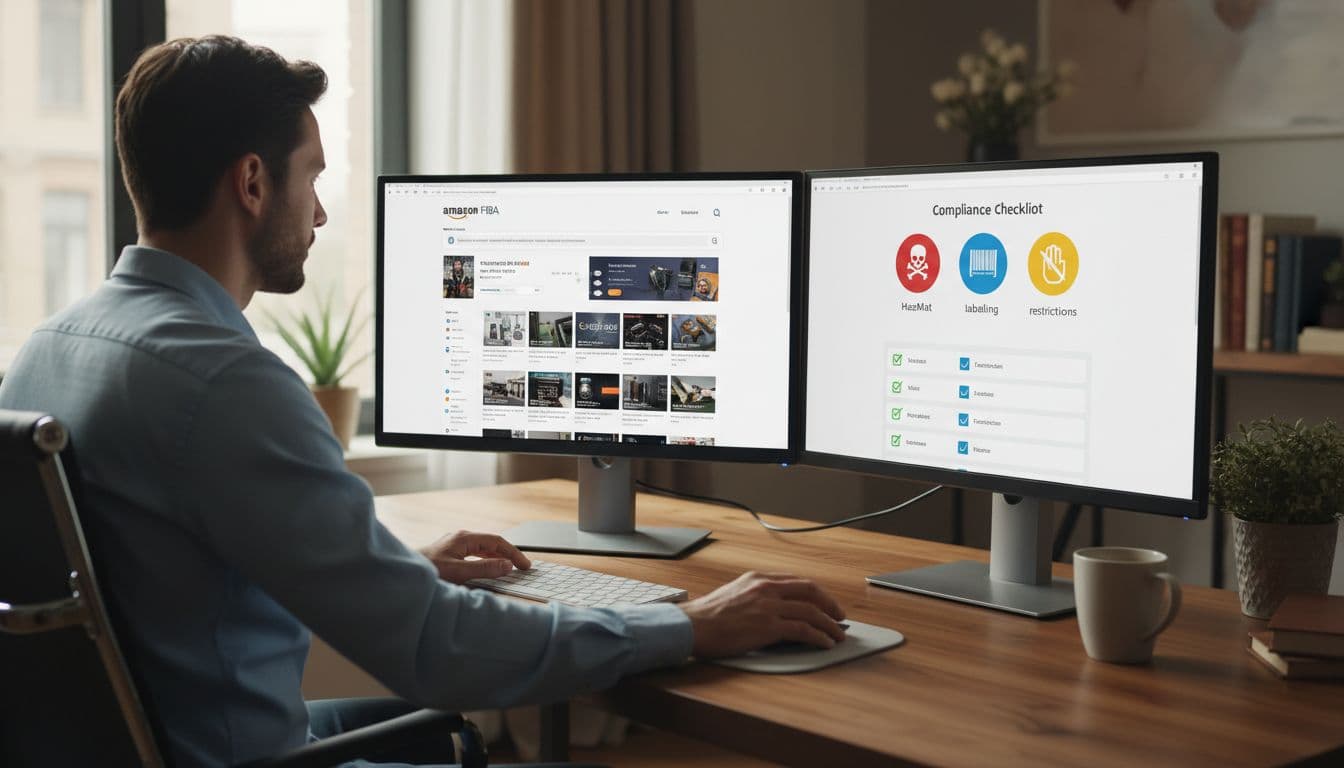 A seller at a desk reviews Amazon FBA product listings on dual monitors, checking compliance checklists with icons for HazMat, labeling, and restrictions in a modern home office with natural daylight.