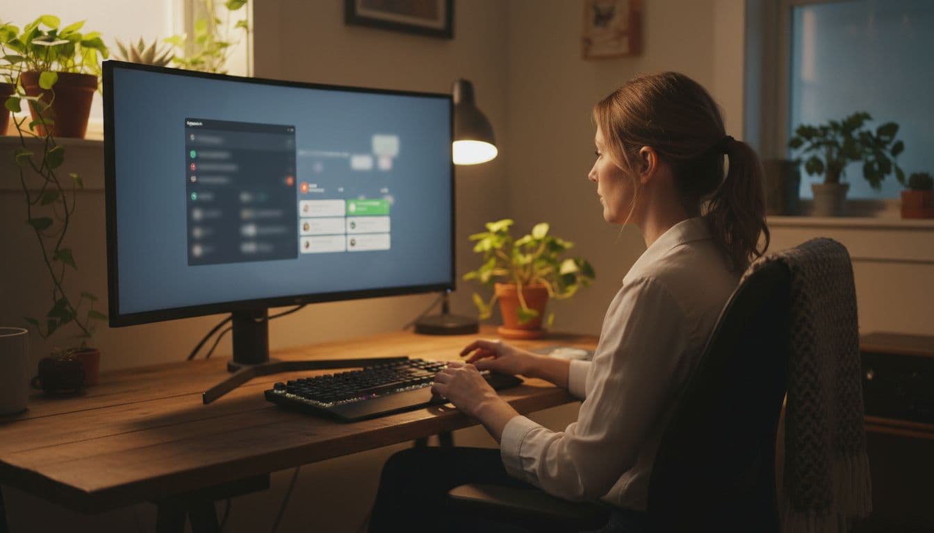 Amazon FBA seller at cozy home office desk reviews product feedback alerts on computer monitor with relaxed hands near keyboard, blurred charts and notifications, plants, and soft warm lighting.