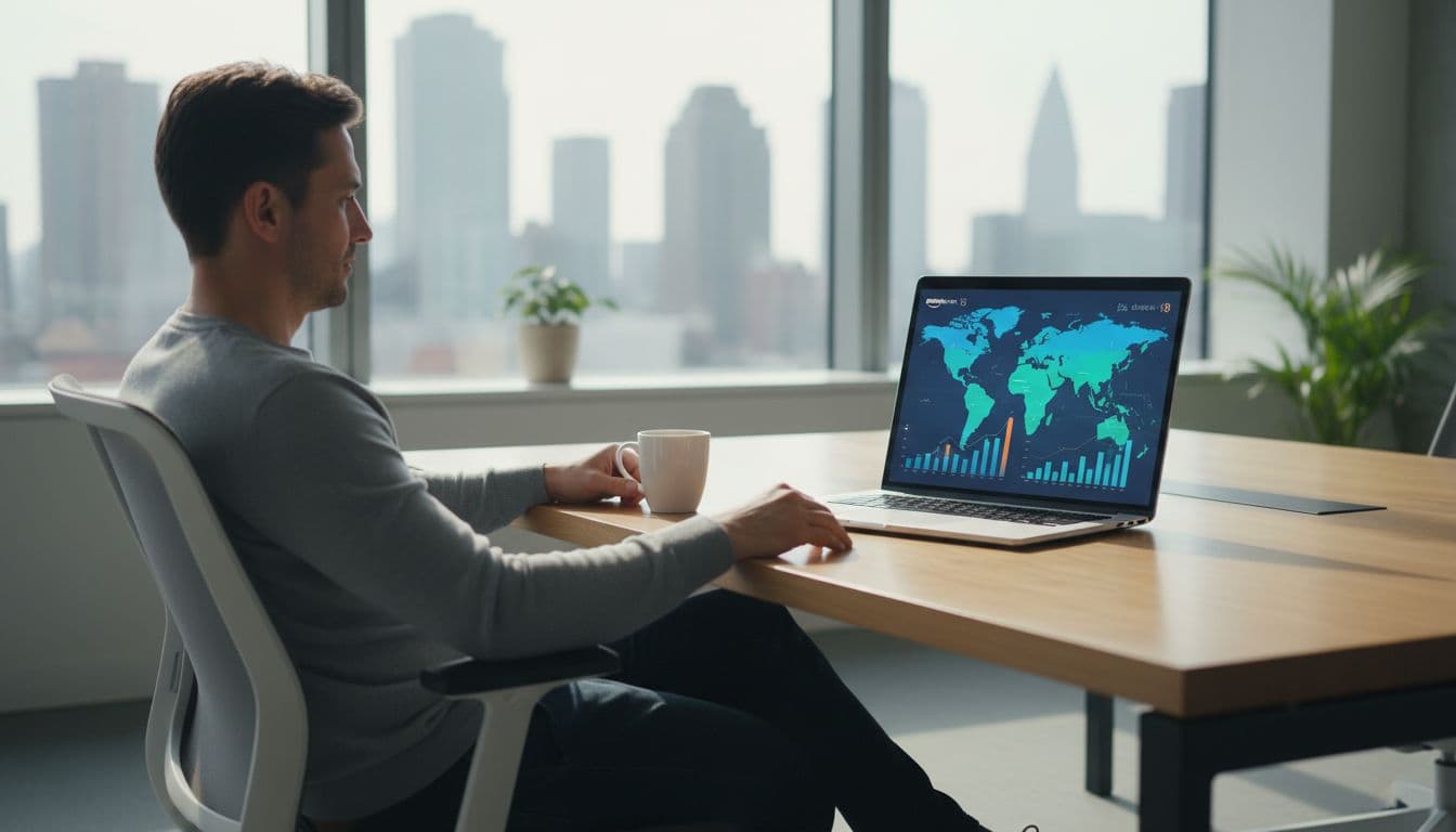 One seller at a modern desk in a bright office reviews a laptop screen showing a world map of Amazon markets with charts, in a relaxed pose with coffee mug nearby.