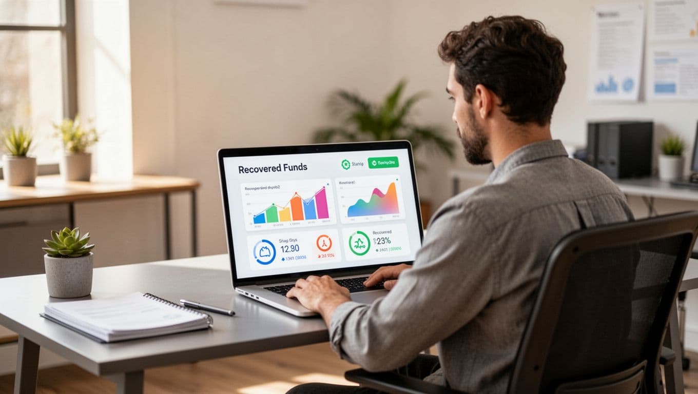 A focused Amazon FBA seller at a modern desk reviews a laptop screen displaying a reimbursement dashboard with charts of recovered funds and claim status icons, in soft office lighting and clean professional style.