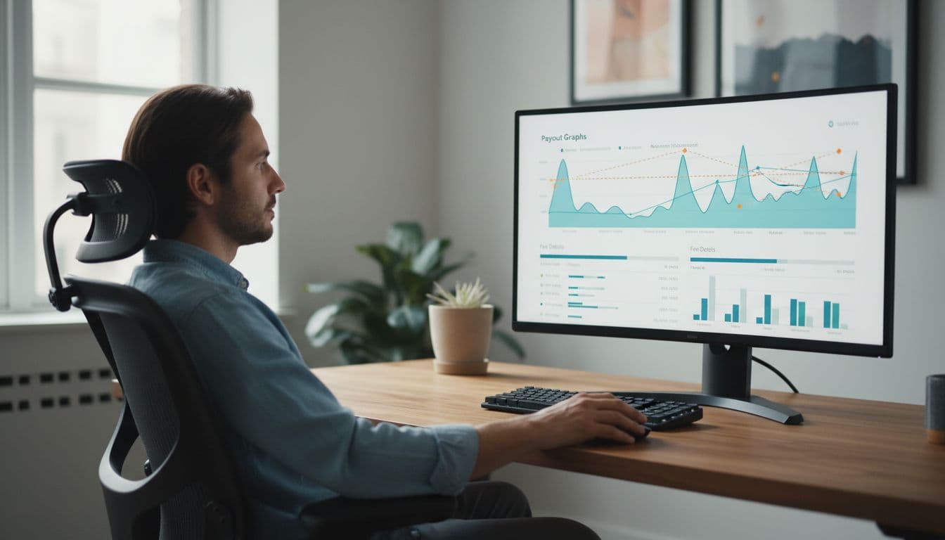 Photorealistic image of an Amazon FBA seller in a contemporary office, sitting relaxed at a desk with hands on mouse, viewing a settlement reconciliation report on a large monitor displaying matched payout graphs and fee details, illuminated by natural window light.