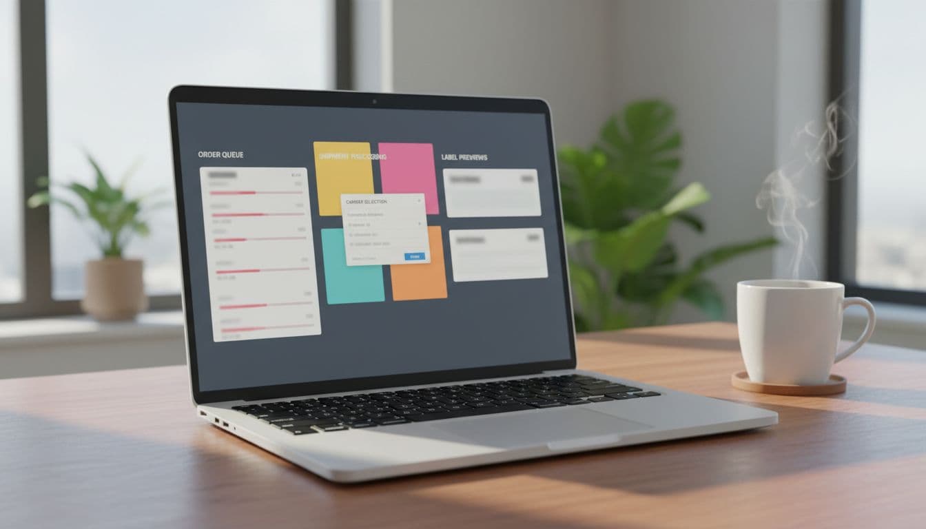 Clean laptop screen displaying a shipping software dashboard interface for Amazon FBA, including order queues, carrier selection dropdowns, and blurred label previews, positioned on a wooden desk in a bright home office with a coffee mug nearby. Realistic photograph in natural daylight lighting, no readable text, logos, people, or hands visible.
