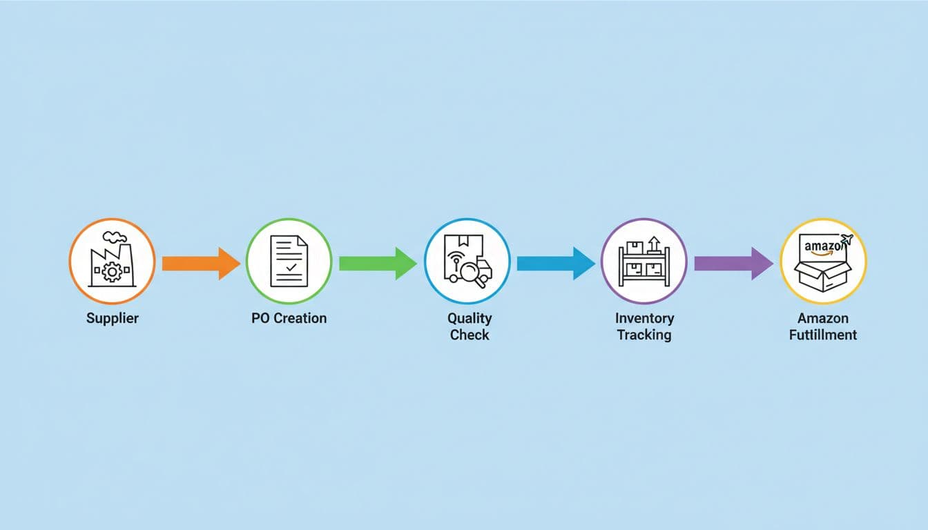 Simple flowchart of Amazon FBA supplier workflow: supplier icon connected via arrows to PO creation, quality check, shipment tracking, inventory update, and Amazon fulfillment on a light blue background in clean infographic style.