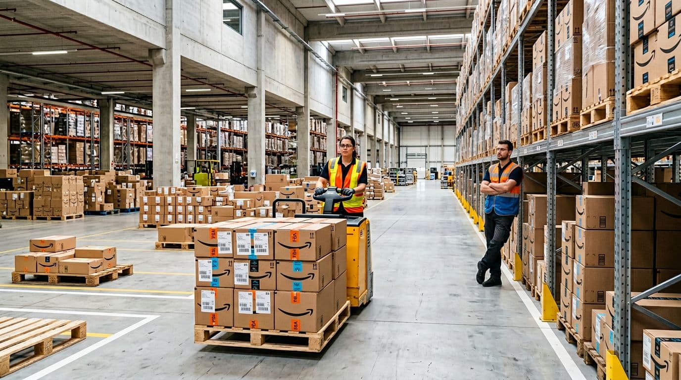 Modern warehouse scene with pallets of Amazon FBA boxed products, a forklift moving one pallet, and exactly two workers in safety vests checking labels amid organized shelves and natural daylight.