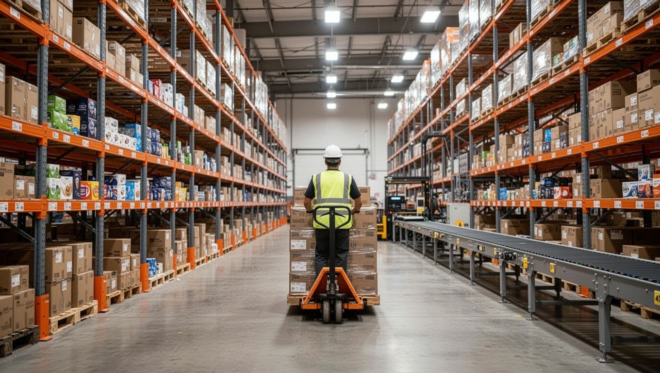 Worker in high-vis vest pushes pallet jack with boxes past tall orange shelving units in spacious FBA warehouse.