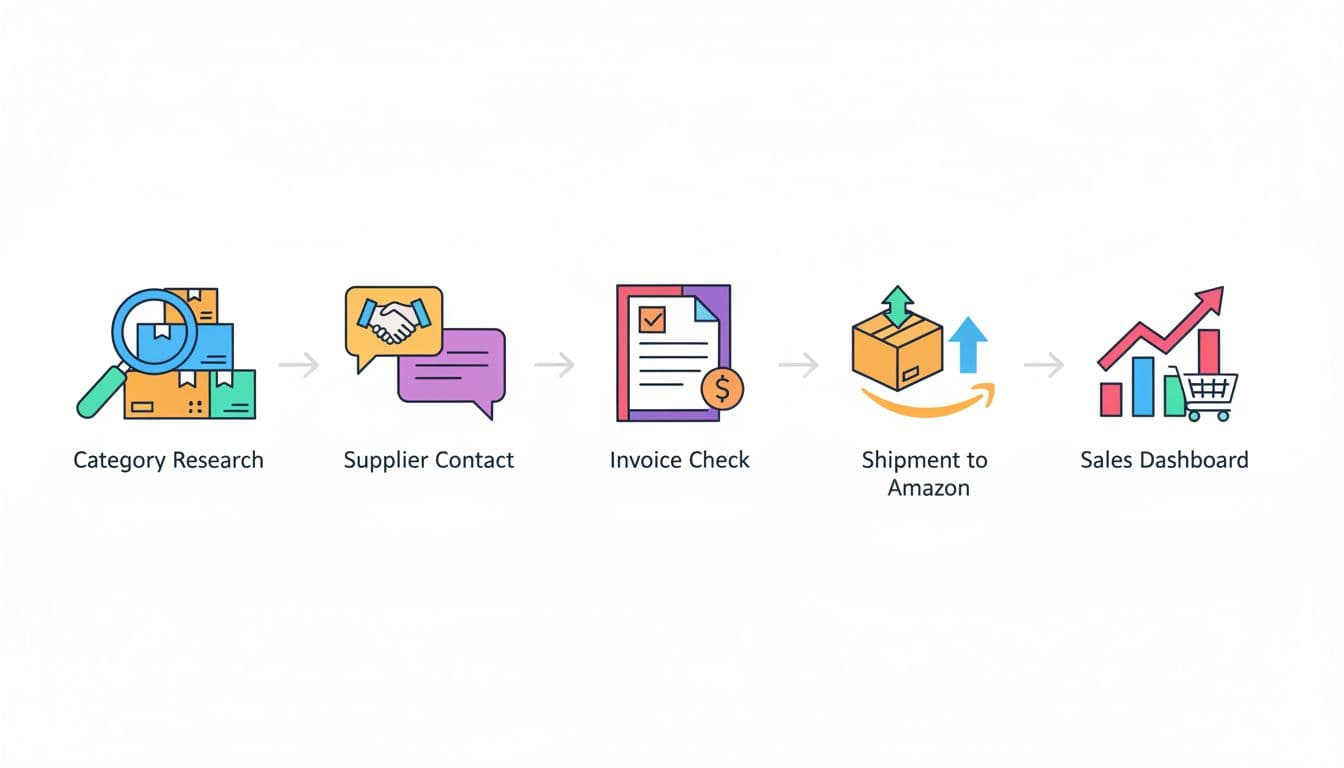 Step-by-step icons depicting the Amazon FBA wholesale process including category research, supplier contact, invoice check, shipment to Amazon, and sales dashboard, arranged in a horizontal workflow on a whiteboard with clean minimalist illustration and bright colors.