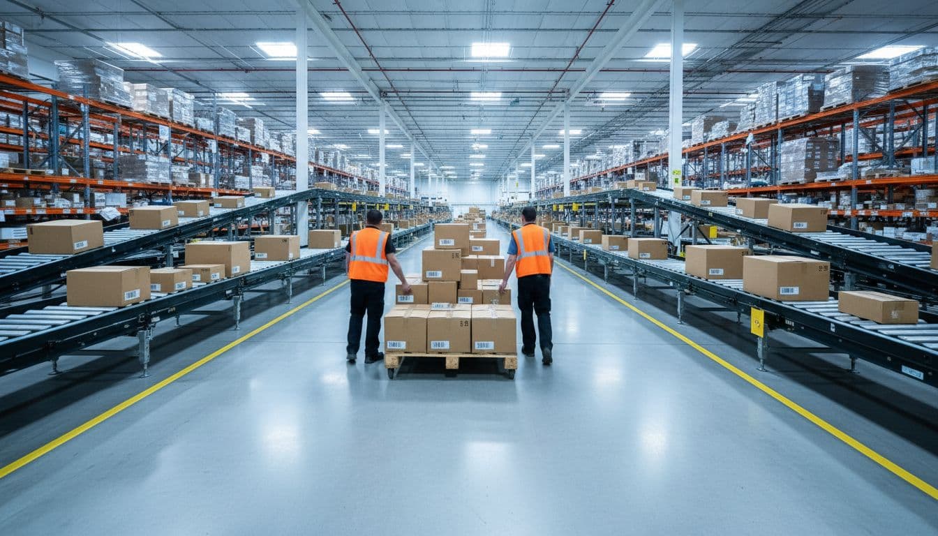 Two workers in orange safety vests push a pallet of cardboard boxes along a wide aisle in an Amazon fulfillment center, with conveyor belts and shelves visible in the background under bright industrial lights.