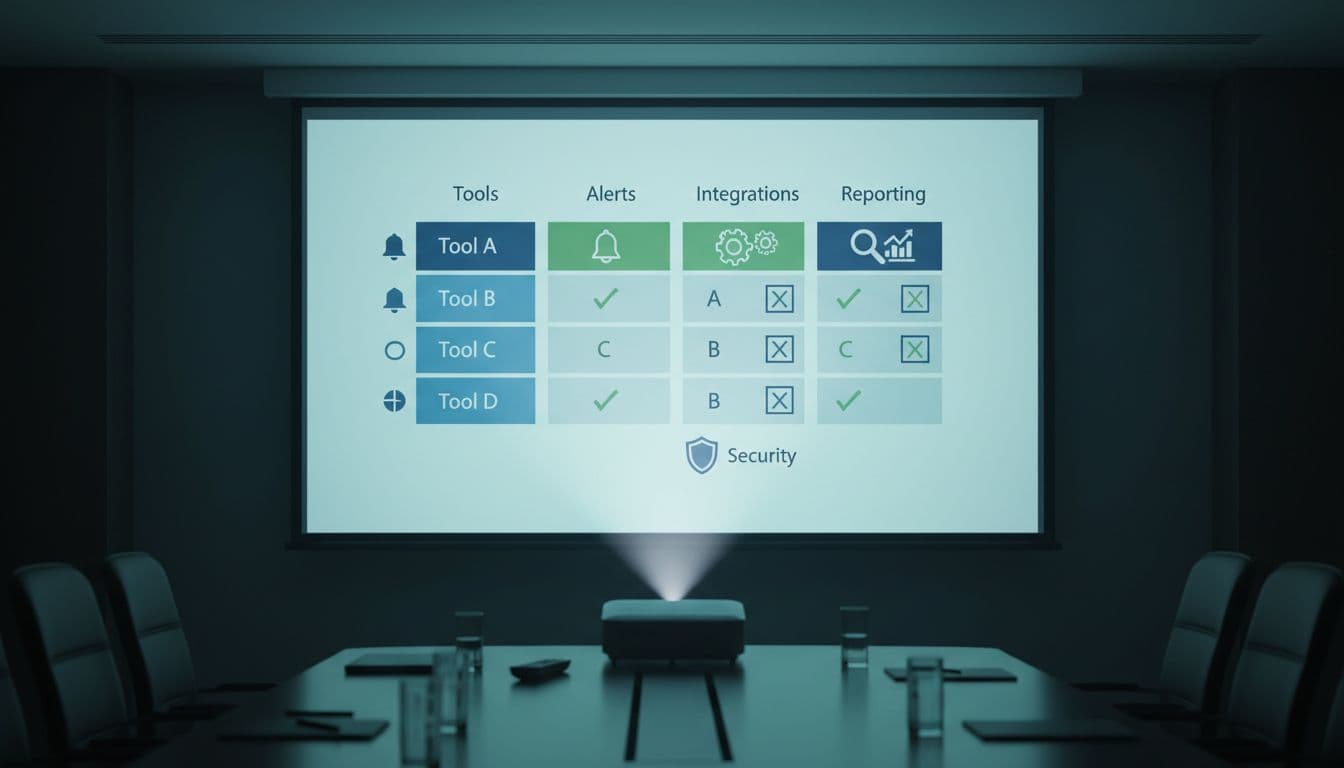 Large projector screen in dim conference room shows infographic chart comparing Amazon monitoring tools with feature icons.