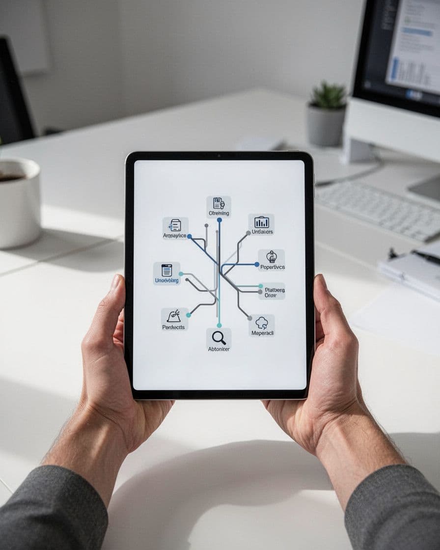 Abstract visualization of Amazon product variations as a family tree diagram on a tablet screen, branching from parent product to child sizes and colors, in a modern minimalist office background.