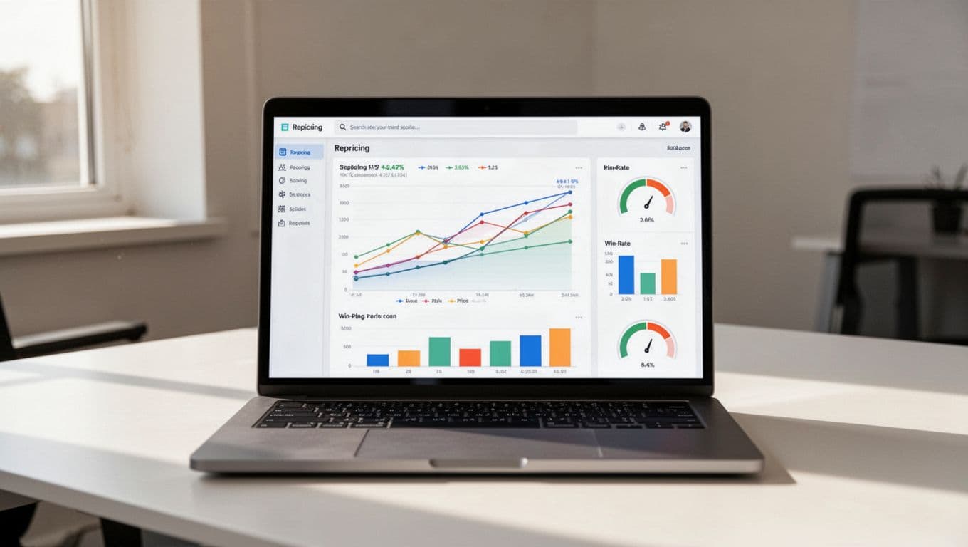 A modern laptop screen displays an Amazon repricing dashboard in a clean office setting, showing price adjustment graphs, 82% win the buy box rate, and numerical competitor prices with soft natural lighting.