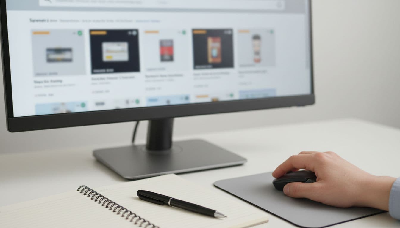 Computer screen displays Amazon search results with product listings, hand rests near mouse on desk with notebook and pen.