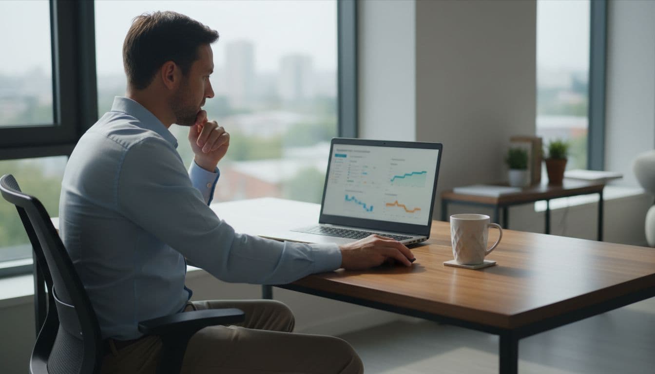 A professional Amazon seller seated at a modern office desk with a laptop displaying a blurred Seller Central account health dashboard featuring metric charts and a nearby coffee mug, lit by natural window light in realistic photography style.