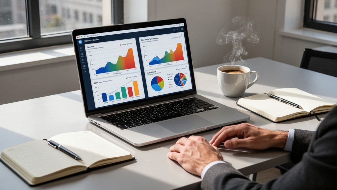 Modern office desk with laptop screen displaying side-by-side dashboards of Amazon seller AI tools featuring keyword graphs and sales analytics, coffee cup and notebook nearby, natural daylight, professional photo with one person's hands visible.