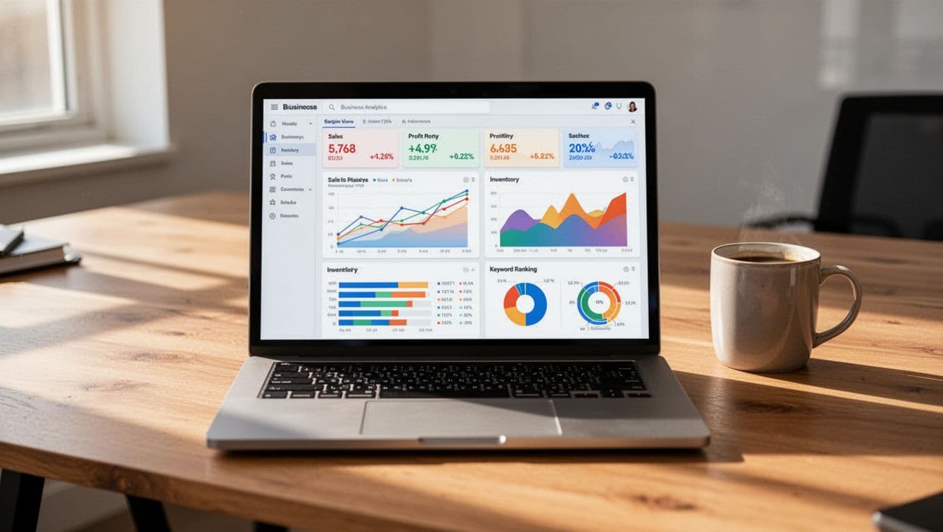 A clean modern laptop screen displaying Amazon seller analytics tools dashboard with sales graphs, profit metrics, inventory charts, keyword rankings, and product listing performance on a wooden desk with coffee mug nearby in natural daylight.