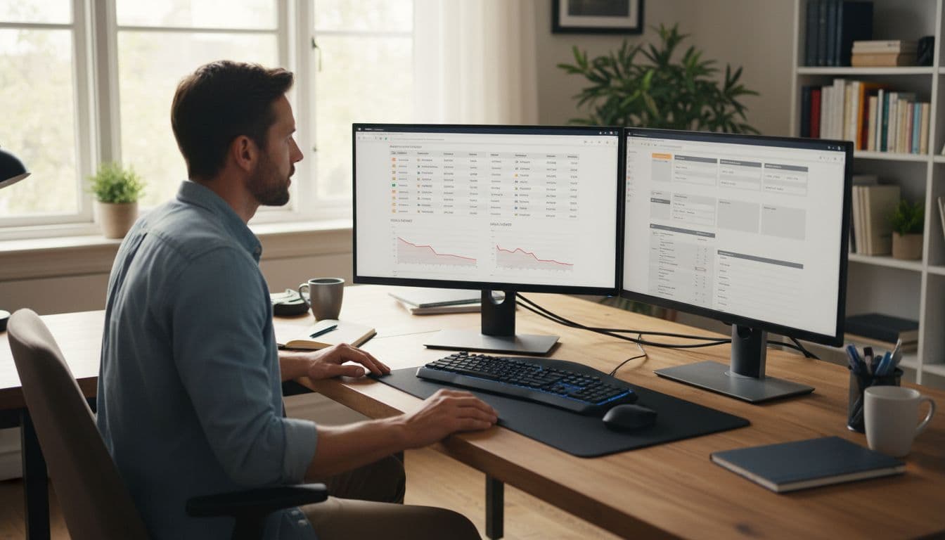 An Amazon seller at a desk in a professional home office setup analyzes hijacker reports on dual monitors, with one screen showing an ASIN monitoring list of flagged hijackers and sales impact charts, under natural window light.