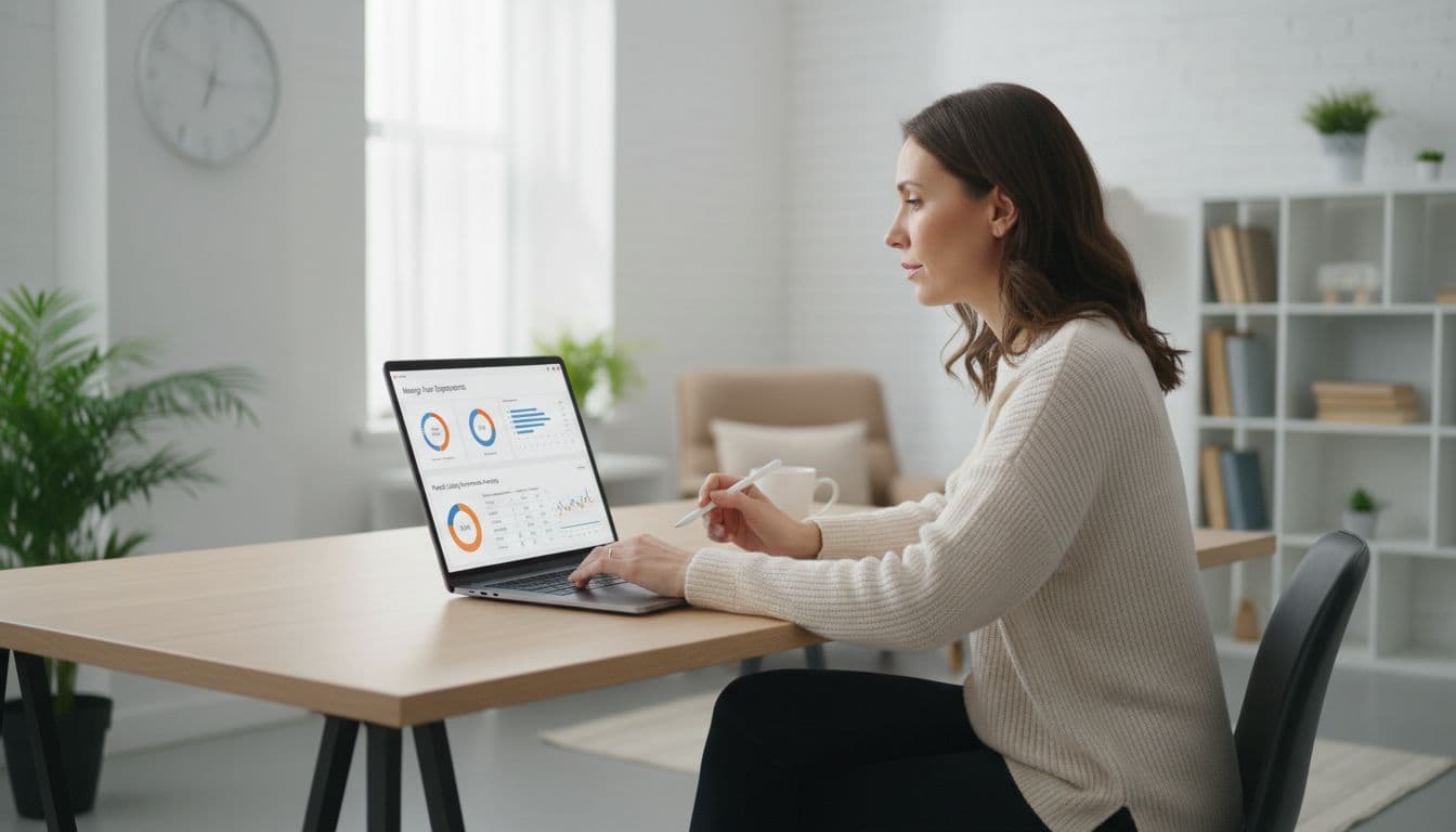 A professional sits at a clean desk using a laptop to review product data in a bright office.