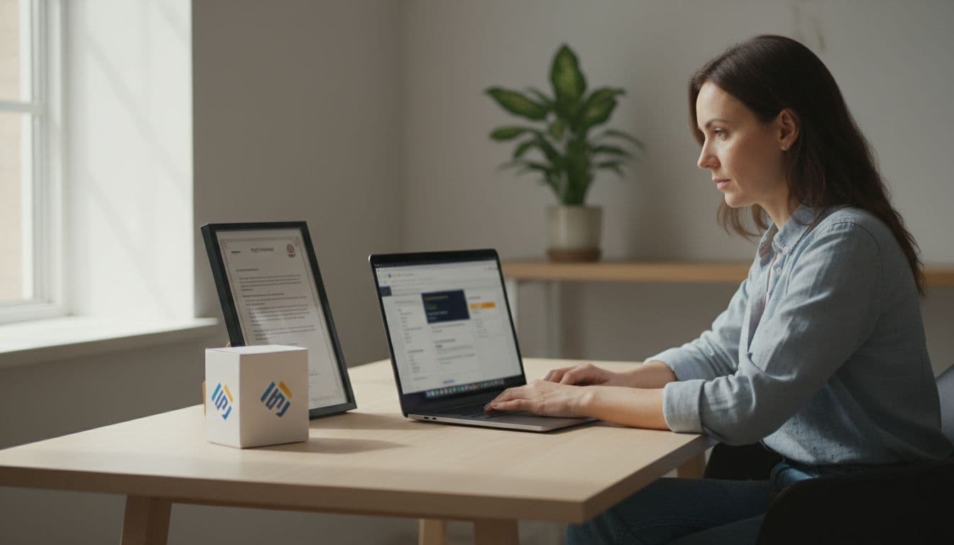 A professional Amazon seller sits at a modern home office desk with a laptop displaying a blurred Seller Central dashboard for brand enrollment, trademark certificate and branded product packaging nearby.