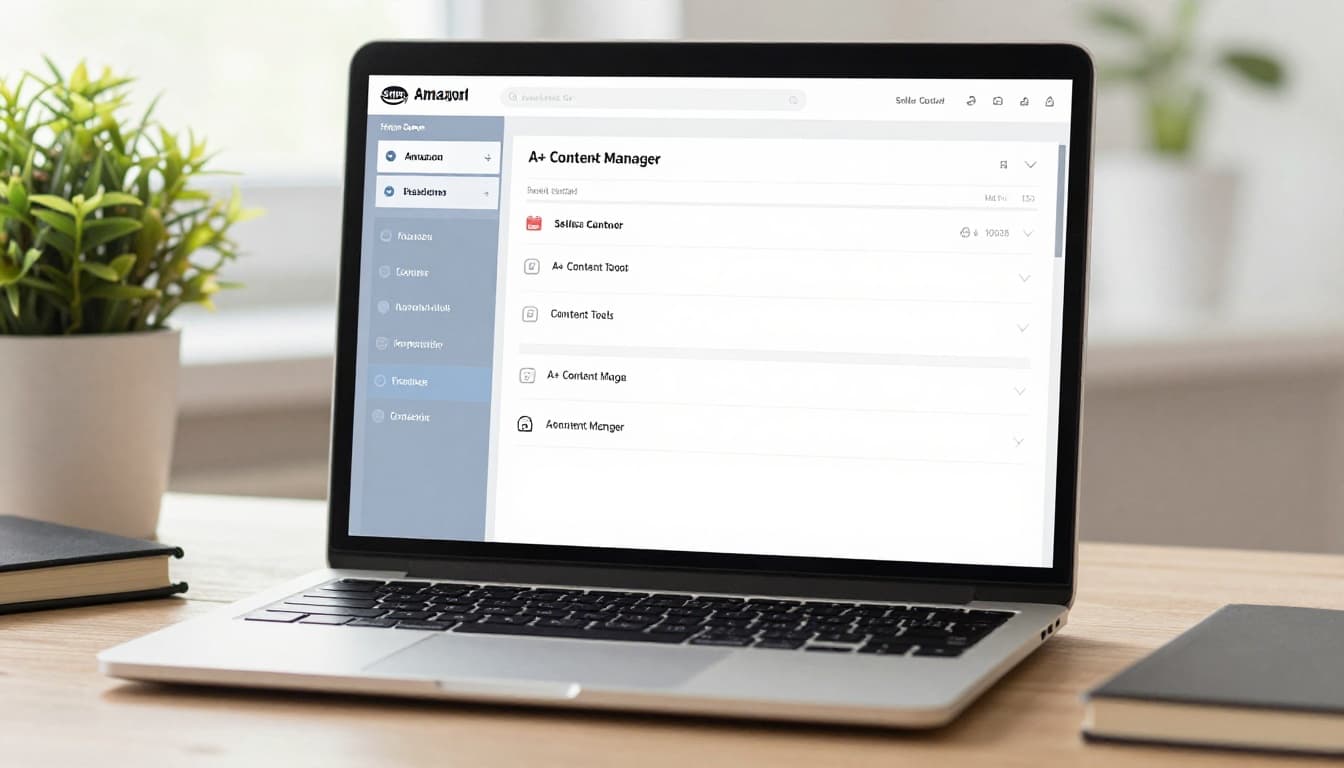 Laptop screen displaying Seller Central A+ Content Manager dashboard with modules and preview pane on a modern desk with notebook, plant, and natural window light.