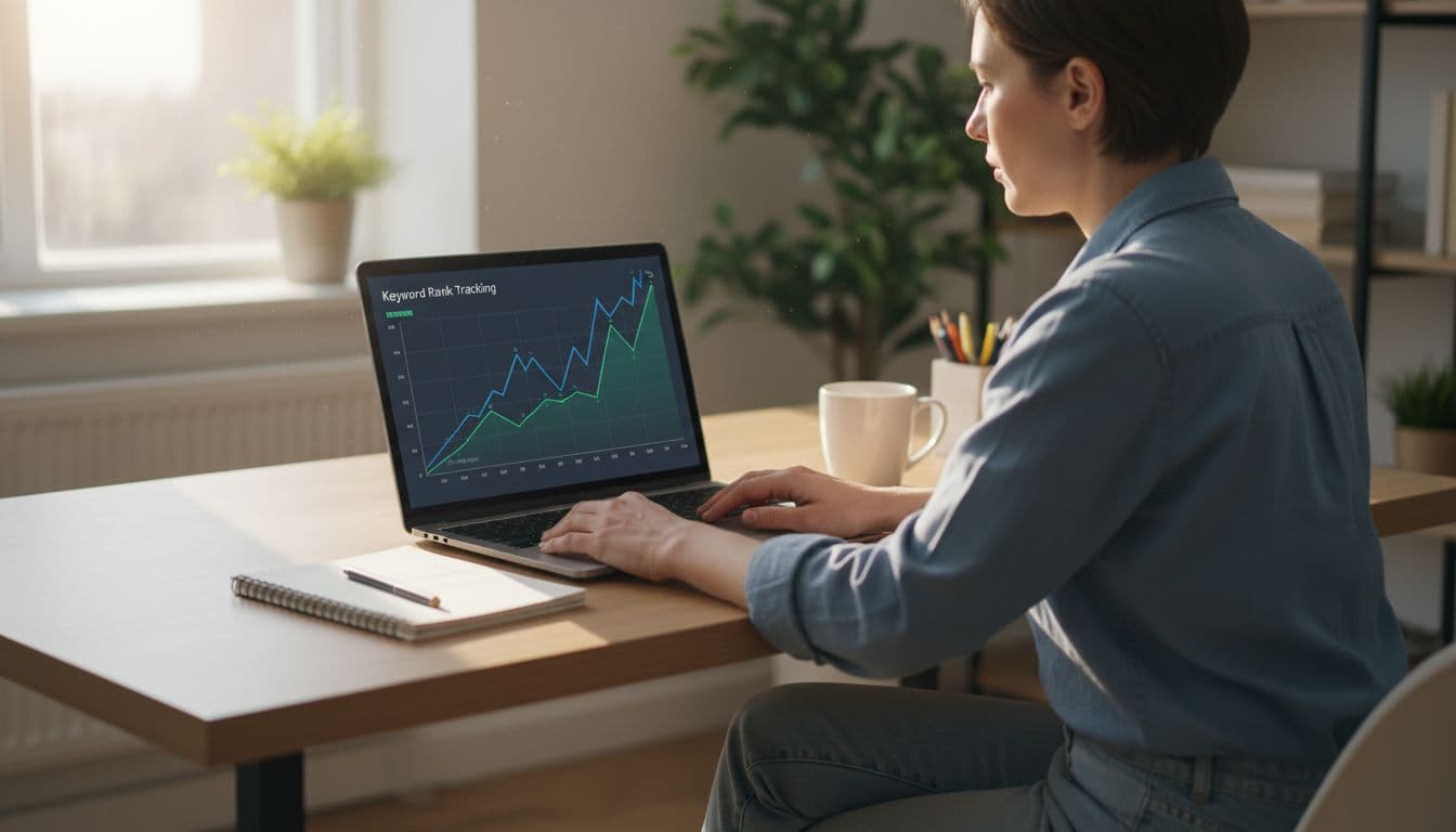 Focused seller at home office desk views upward-trending keyword and sales rank graphs on laptop.