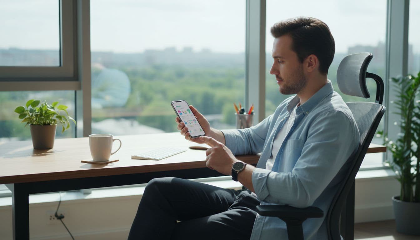 Person at desk in bright modern home office holds phone relaxedly checking notifications.