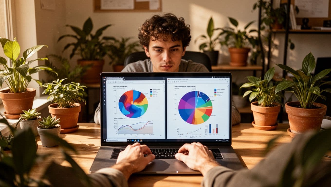 Amazon seller views split-screen laptop with side-by-side graphs in cozy office with plants.