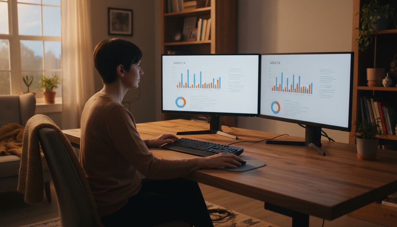 Amazon seller at desk views proposals on two monitors with performance charts in cozy home office.