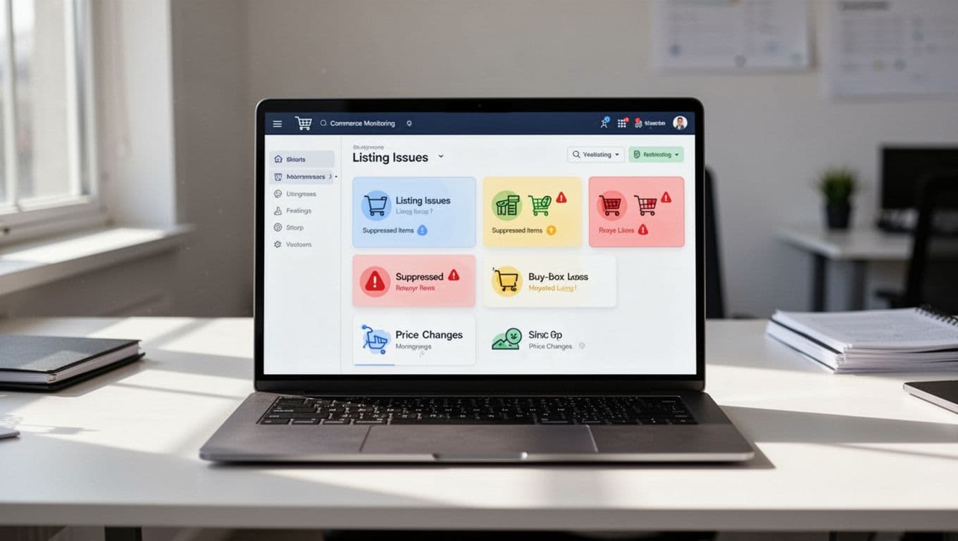 Laptop on clean office desk displays modern dashboard with real-time alerts for Amazon listing errors.